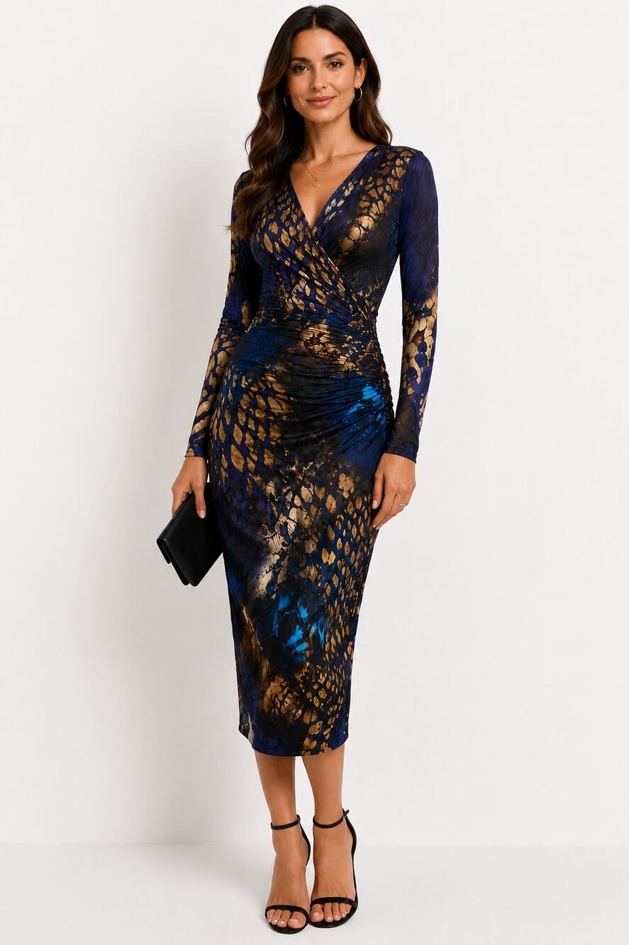 Renato Nucci Luxe 100% Silk Blue Abstract Ruched Wrap Midi Dress IT 40 Designer